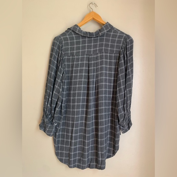 Something Navy Shirt Gray White Plaid Feminine Flannel Peasant Puff Sleeve Top - Picture 5 of 7